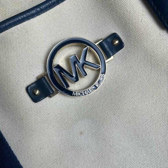 Michael Kors Canvas Leather Trimmed Large Tote Travel Bag Ivory Navy Blue - Picture 6 of 16